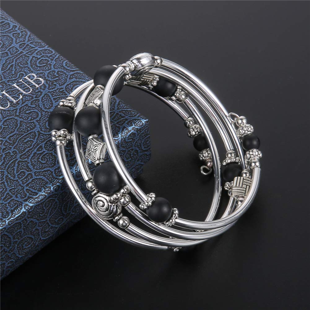 Beaded Pearl Bangle Wrap Bracelet - Fashion Bohemian Jewelry Multilayer Charm Bracelet with Thick Silver Metal Beads, Gift For Women(Matte Black)