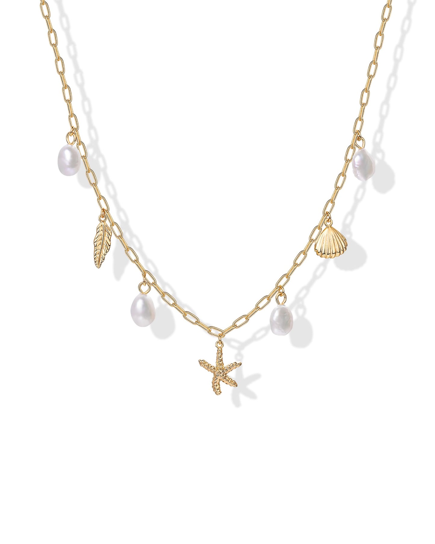 PAVOI 14K Yellow Gold Plated Beach Charm Necklace for Women - Dainty Paperclip Chain Trendy Beachy Multi - Gold Ocean Summer Jewelry with Freshwater Pearl, Sea Shell, Starfish