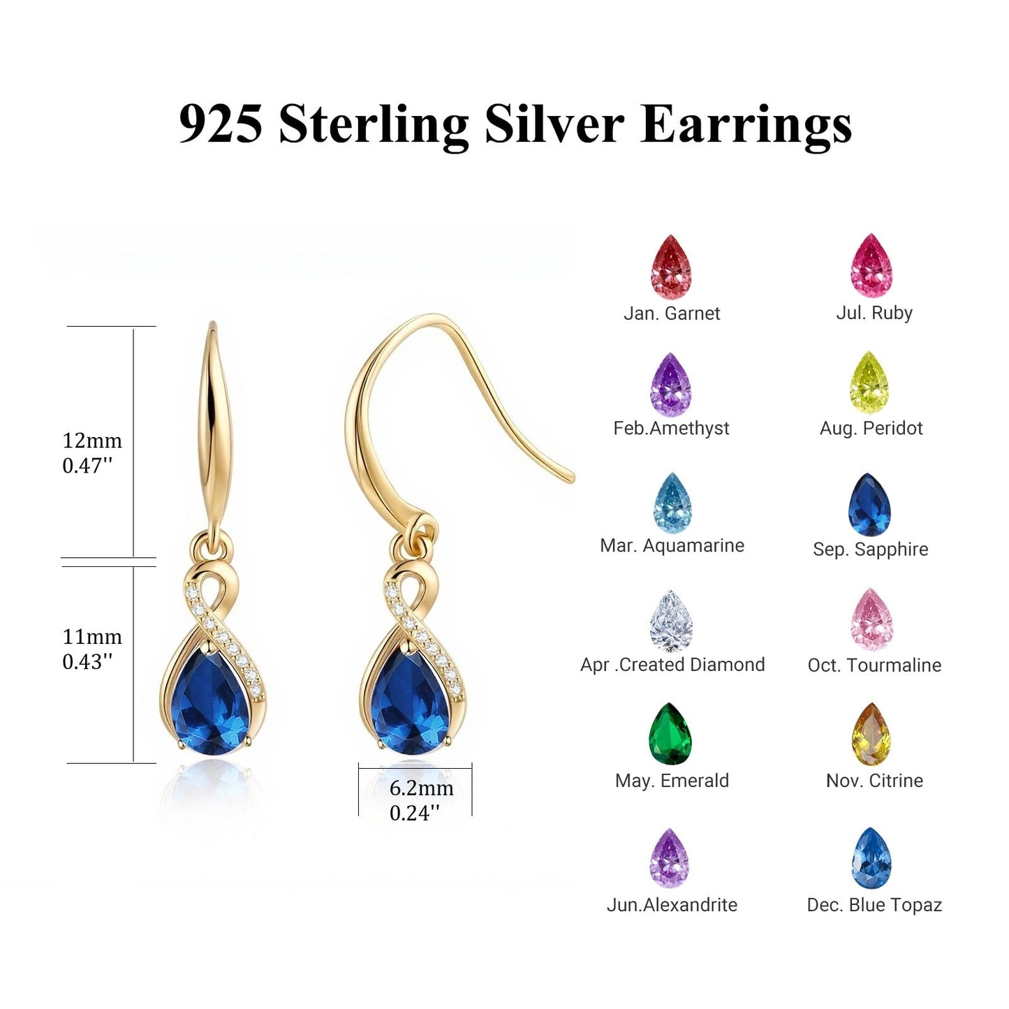 Infinity Birthstone Earrings 18K Gold Plated 925 Sterling Silver Teardrop Infinity Drop Dangle Earrings Sapphire Jewelry Birthday Gifts for Women Her Mother Wife