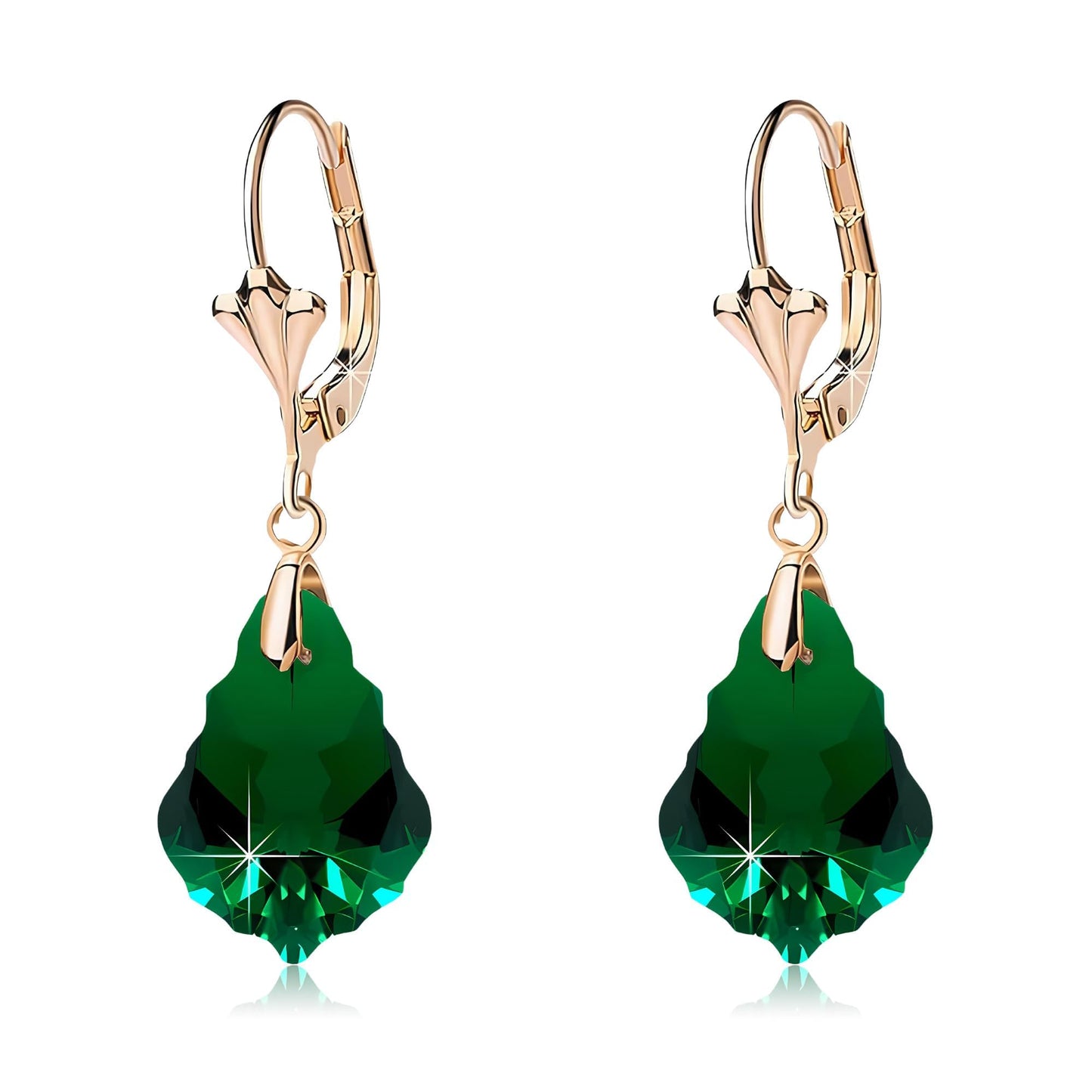 Austrian Crystal Baroque Drop Leverback Earrings for Women Fashion 14K Gold Plated Hypoallergenic Jewelry (Emerald)