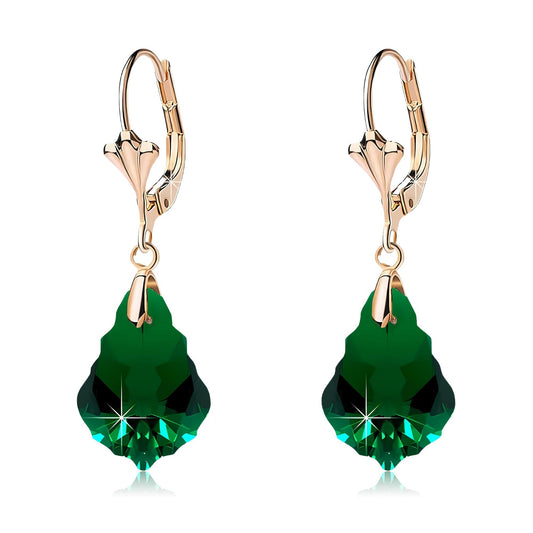 Austrian Crystal Baroque Drop Leverback Earrings for Women Fashion 14K Gold Plated Hypoallergenic Jewelry (Emerald)