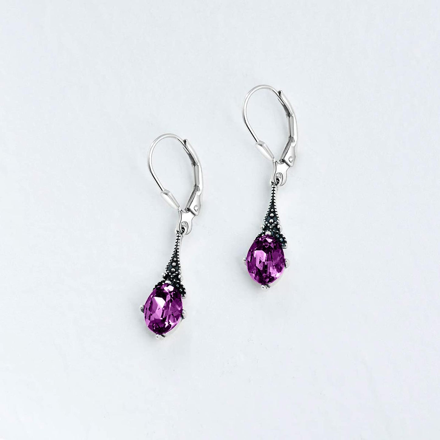 Vintage Leverback Amethyst Purple Earrings Sterling Silver Retro Drop Earrings with Oval Simulated Birthstone Crystal from Austria, Birthday Jewelry Gifts for Women
