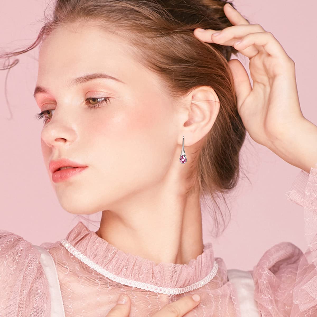 Sterling Silver Teardrop Hook Earrings with October Pink Birthstones Small Pull Through Earrings October Birthstone Jewelry Gifts for Women Wife Mom