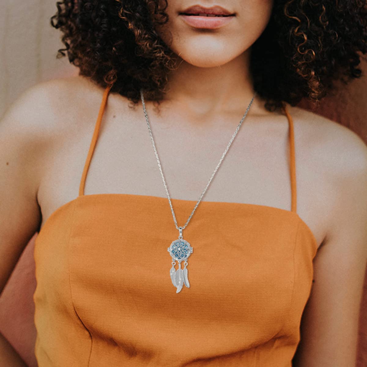 INFUSEU Dreamcatcher Necklace Aromatherapy Gifts Essential Oil Diffuser Lava Rock Stone Pendant Native American Indian Jewelry for Women Dream Catcher Feather Spiritual Meditation Items