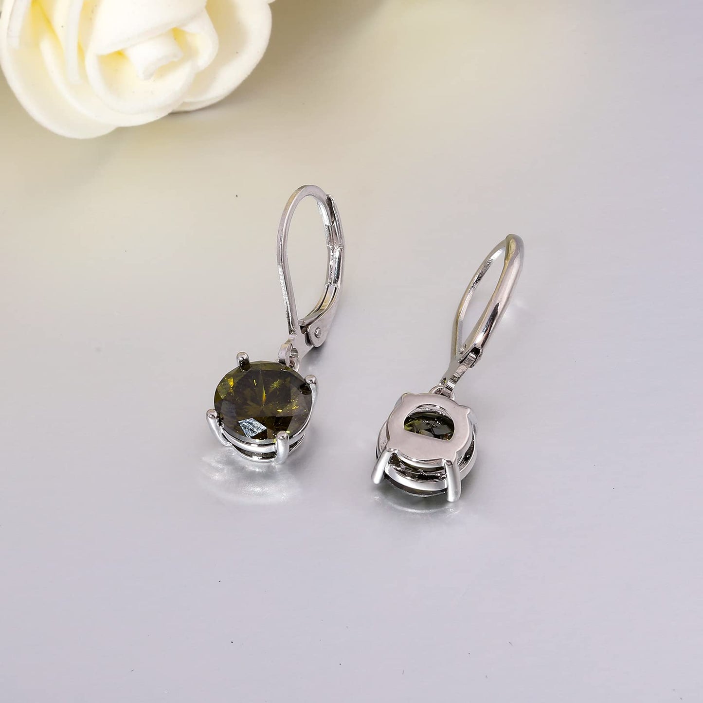 CiNily Leverback Dangle Earrings Created Olive Green Crystal Dangle Earrings 14K White Gold Plated Hypoallergenic Drop Earrings for Women Jewelry 8 mm