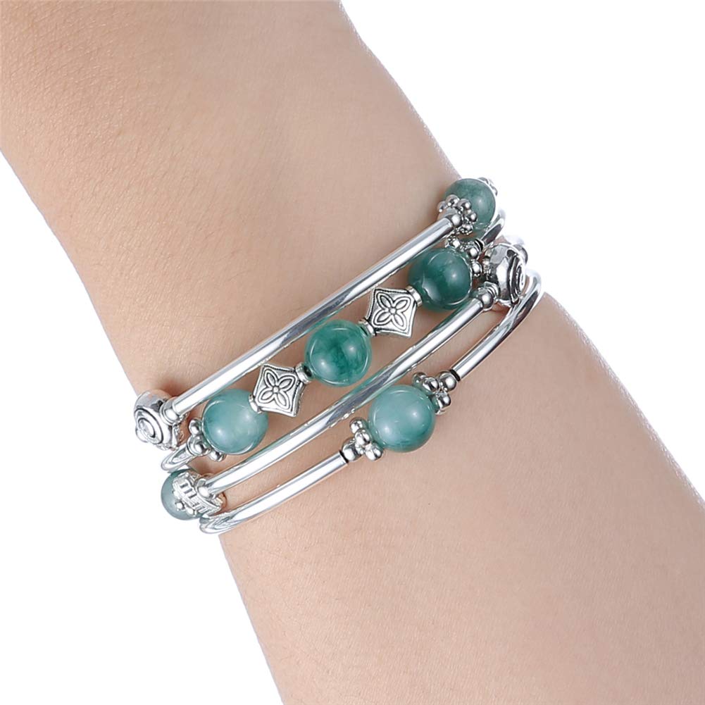 Beaded Pearl Bangle Wrap Bracelet - Fashion Bohemian Jewelry Multilayer Charm Bracelet with Thick Silver Metal Beads, Gift For Women(Jade Green)