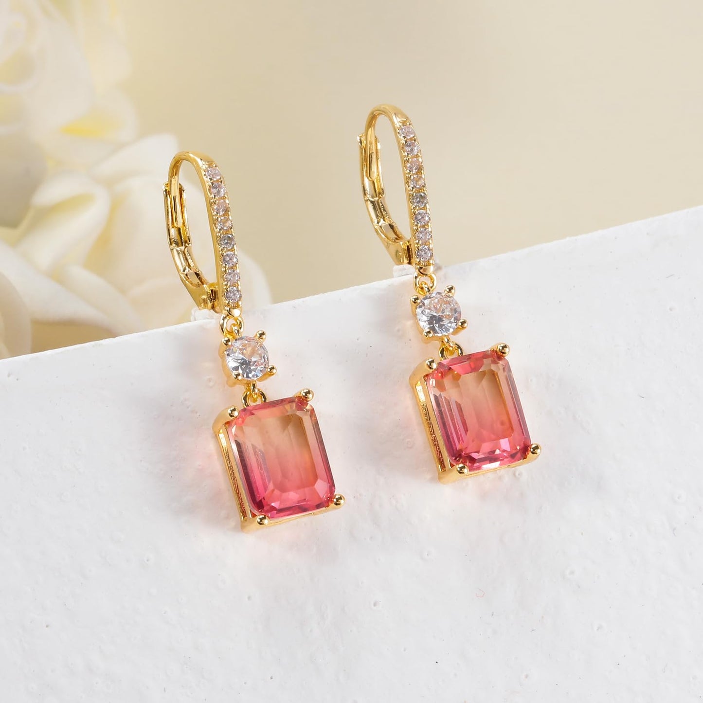 CiNily Leverback Earrings for Women Rectangular-cut Drop Dangle Earring Hypoallergenic, 14K Gold Plated Red Yellow Gradient Cubic Zircon Earrings Diamond Dangle Ear Rings Jewelry Birthday