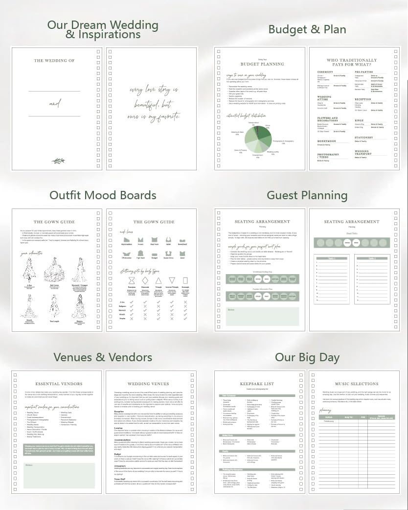 WeddingGiftsWedding Wedding Planner for Bride,Wedding Planning Book and Organizer,Wedding Binder Book with Pockets,Perfect Engagement Gifts for Newly Enaged Couples (Sage Green)