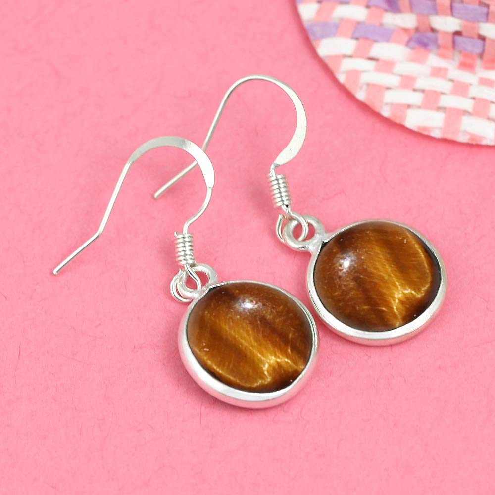Natural Tiger Eye 925 Silver Plated Dangle Earrings for Women - Round Shape Brown Color Gemstone June Birthstone Handmade Jewelry Earrings - Women's Day Gift for Her