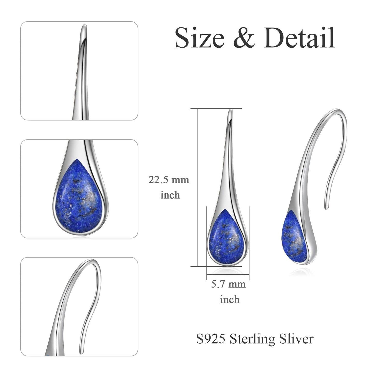 925 Sterling Silver Teardrop Earrings with Lapis Lazuli, Hypoallergenic Pear-Shaped Dangle Drop Earrings for Women