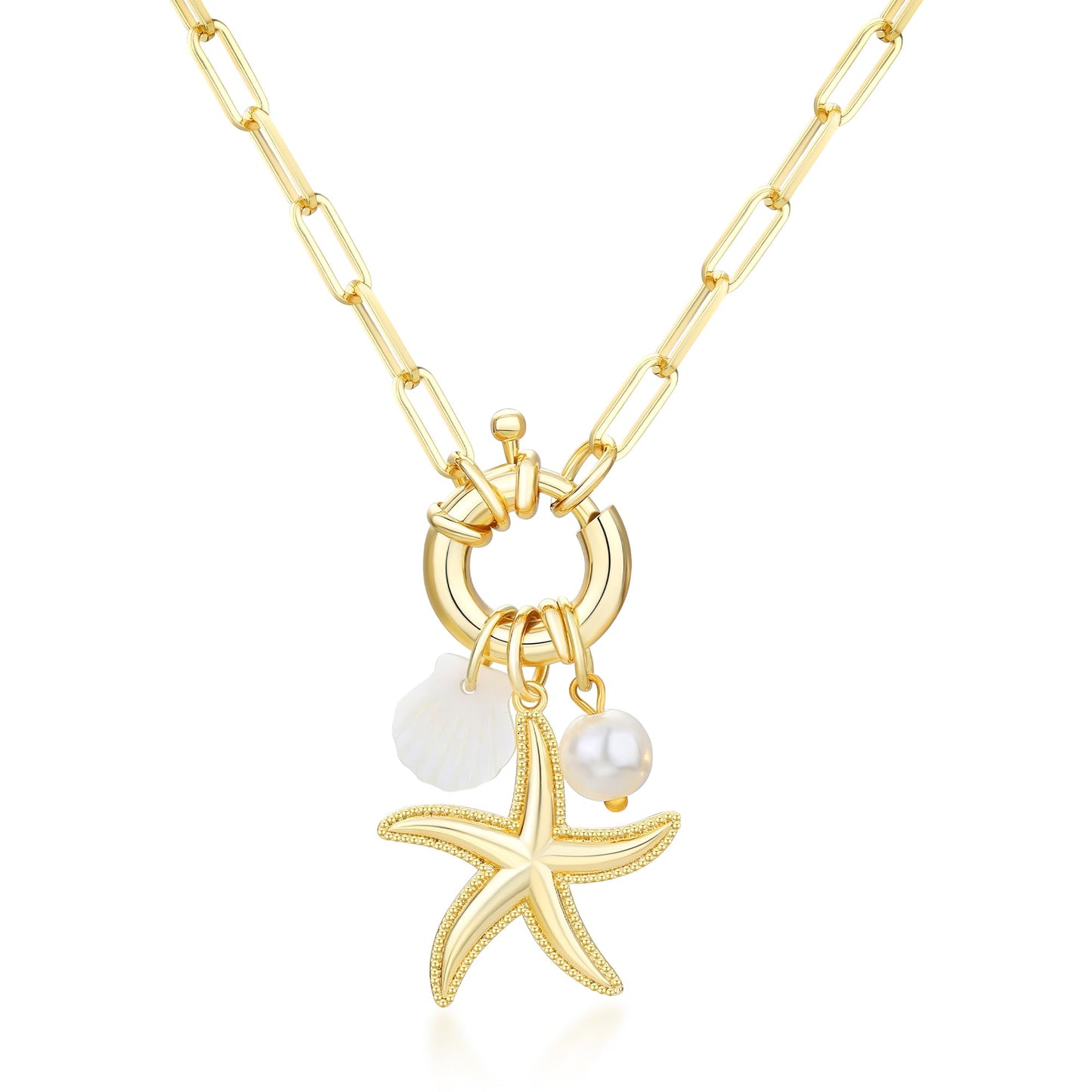 MISS RIGHT Gold Necklace for Women, Dainty 18k Gold Plated Starfish SeaShell Pearl Cute Boho Pendant DIY Charm Necklace,Non Tarnish Adjustable Chunky Paperclip Chain Jewelry for Summer Beach Vacation