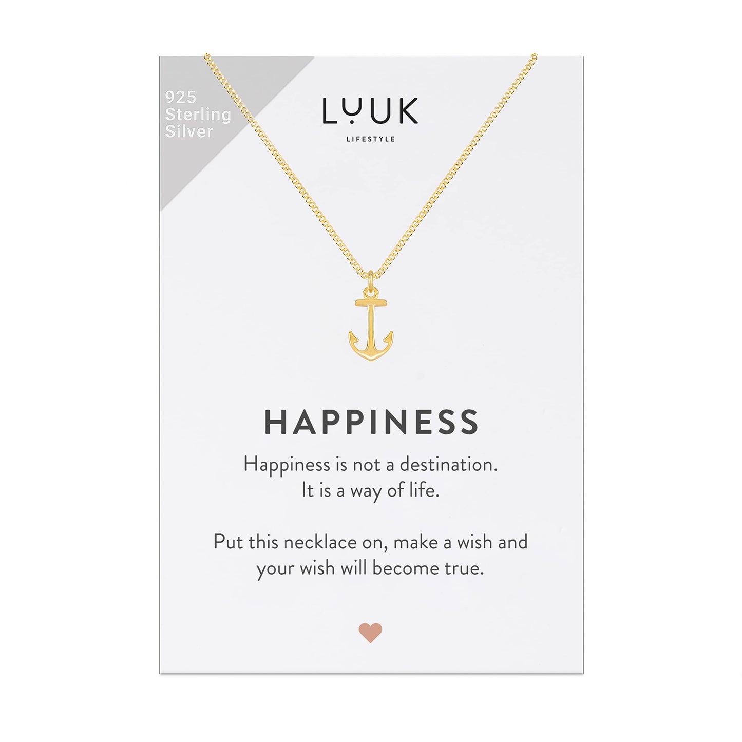 LUUK LIFESTYLE Necklace and HAPPINESS gift card, 925 sterling silver, with anchor pendant fashion jewelry for everyday life, beach, water resistant, nautical and maritime motif, gold