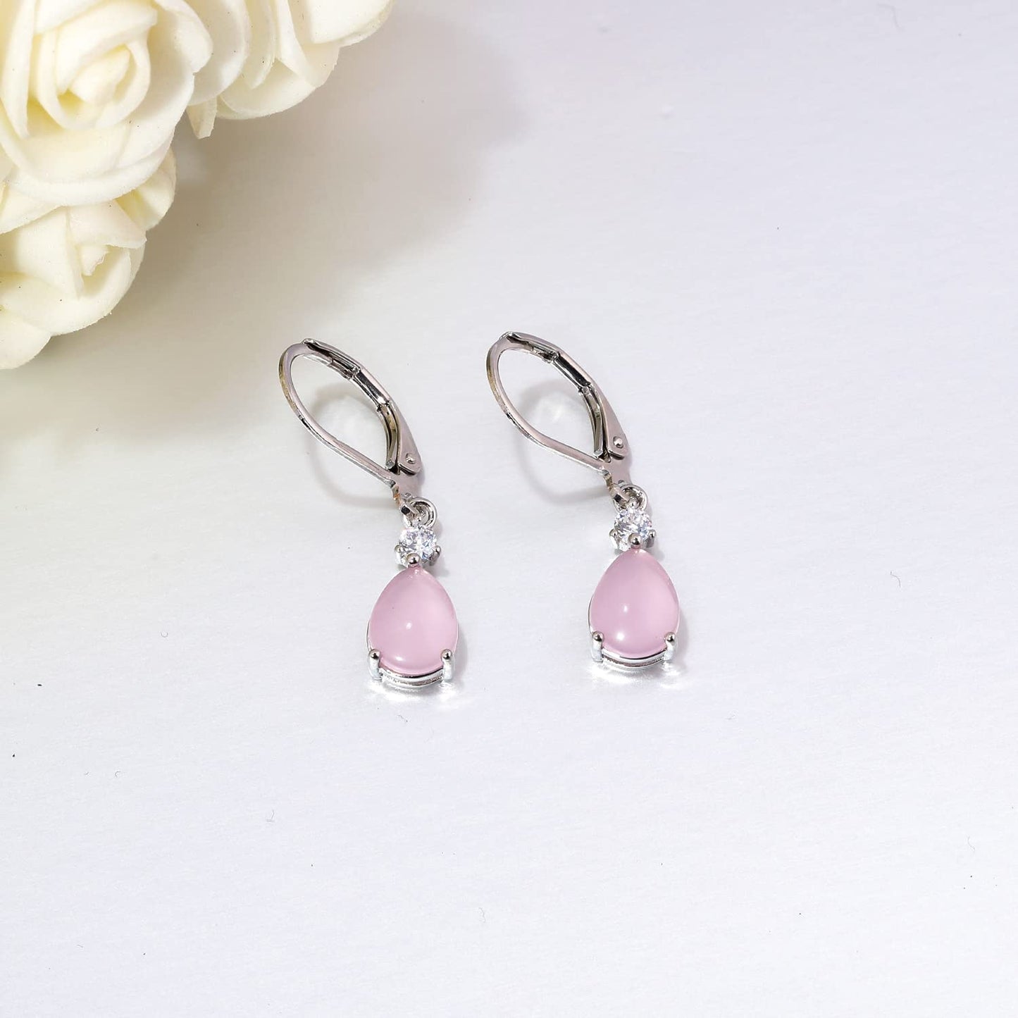 CiNily Womens Pink Leverback Dangle Earrings for Women Rose Quartz Drop Earrings 14K White Gold Plated Teardrop Gemstone Earrings
