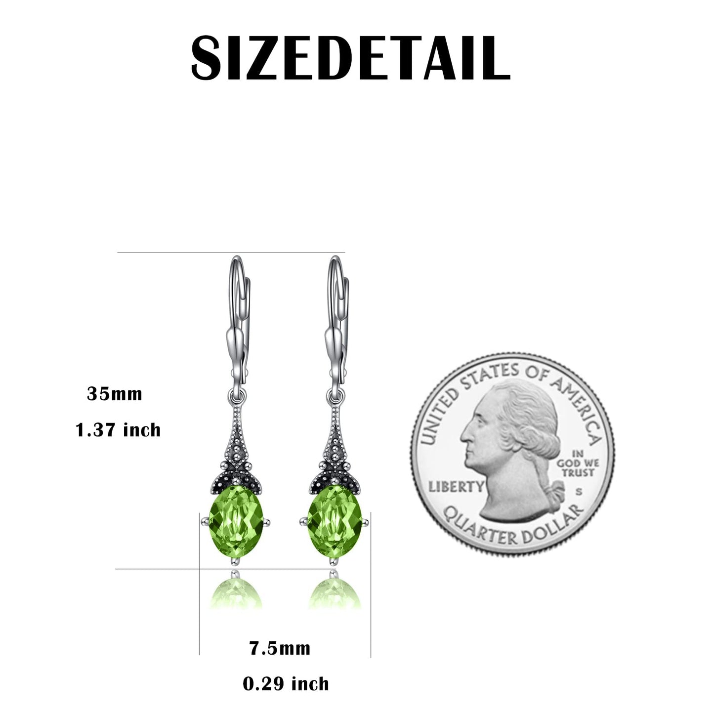 Peridot August Vintage Leverback Earrings Sterling Silver Retro Drop Earrings with Oval Simulated Birthstone Crystal from Austria, Birthday Jewelry Gifts for Women