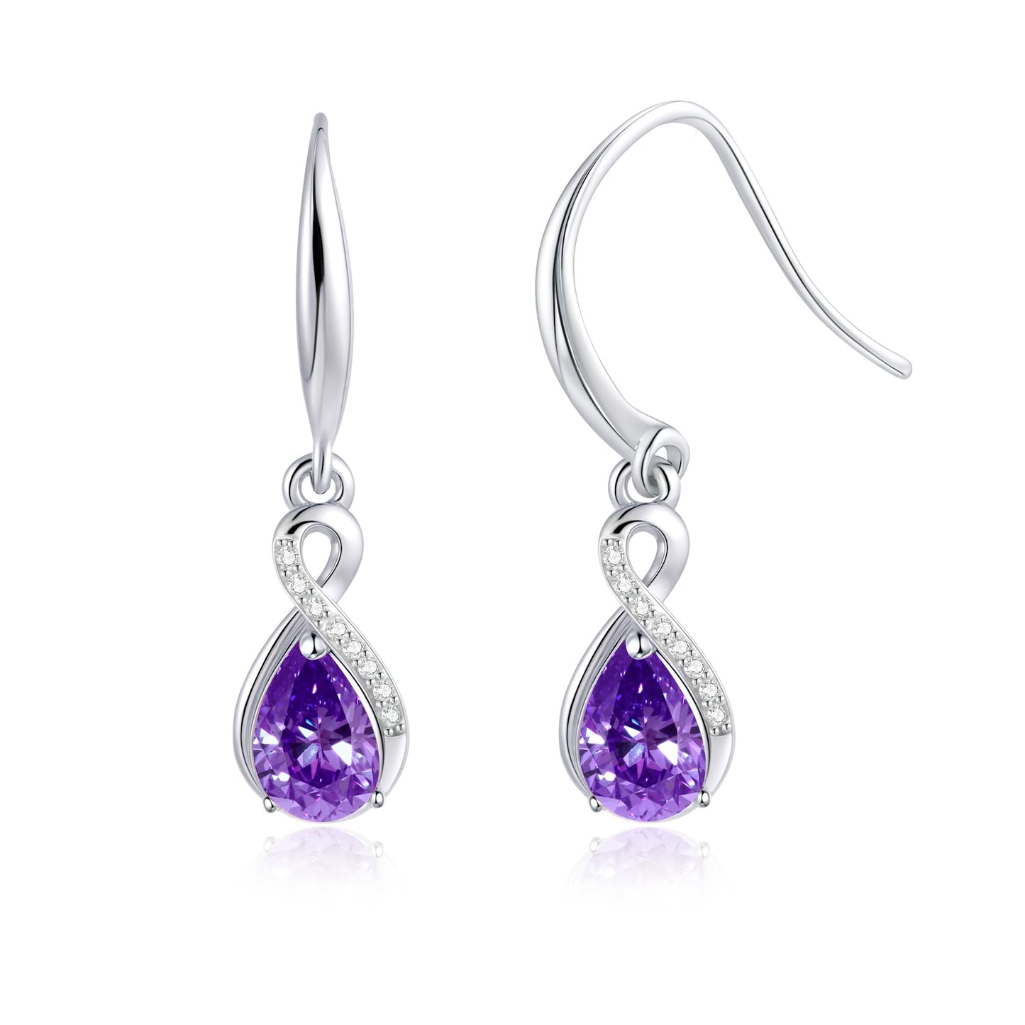 Infinity Birthstone Earrings 18K White Gold Plated 925 Sterling Silver Teardrop Infinity Drop Dangle Earrings February Birthstone Jewelry Birthday Gifts for Women Her Mother Wife
