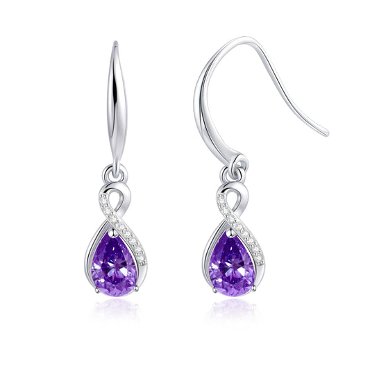 Infinity Birthstone Earrings 18K White Gold Plated 925 Sterling Silver Teardrop Infinity Drop Dangle Earrings February Birthstone Jewelry Birthday Gifts for Women Her Mother Wife