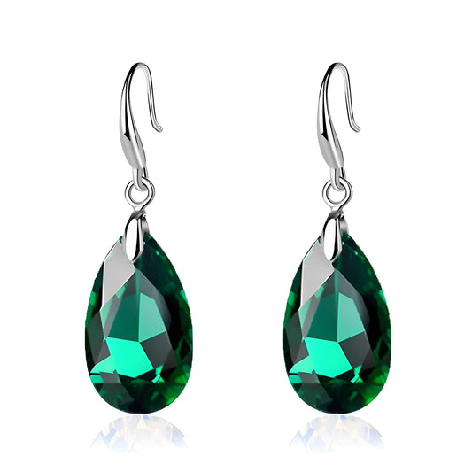 Austrian Crystal Teardrop Dangle Hook Earrings for Women 14K Gold Plated Hypoallergenic Jewelry (Emerald)