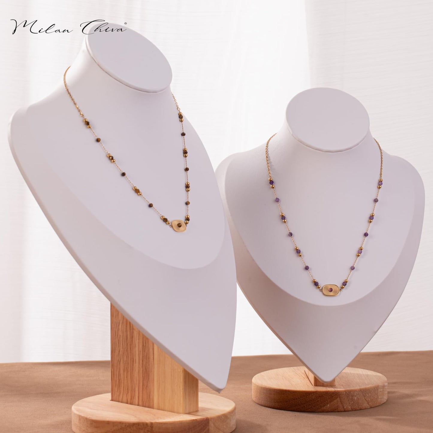Milan Chiva Natural Gemstone Beaded Pendant Necklace for Women 14K Gold Plated Lightweight Adjustable Lapis Lazuli Jewelry MNS-1001NY