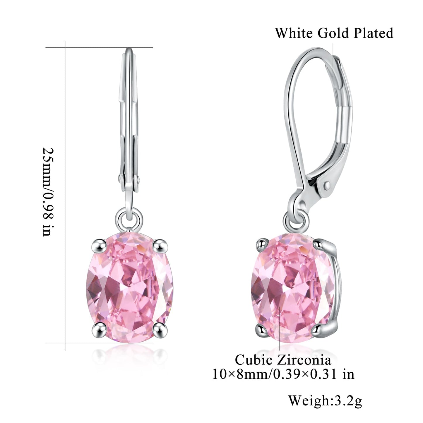 CiNily Cut-Oval Leverback Dangle Earrings for Women Pink Cubic Zircon 14k White Gold Plated Hypoallergenic Hanging Lever Earrings Lightweight Summer Drop Earrings