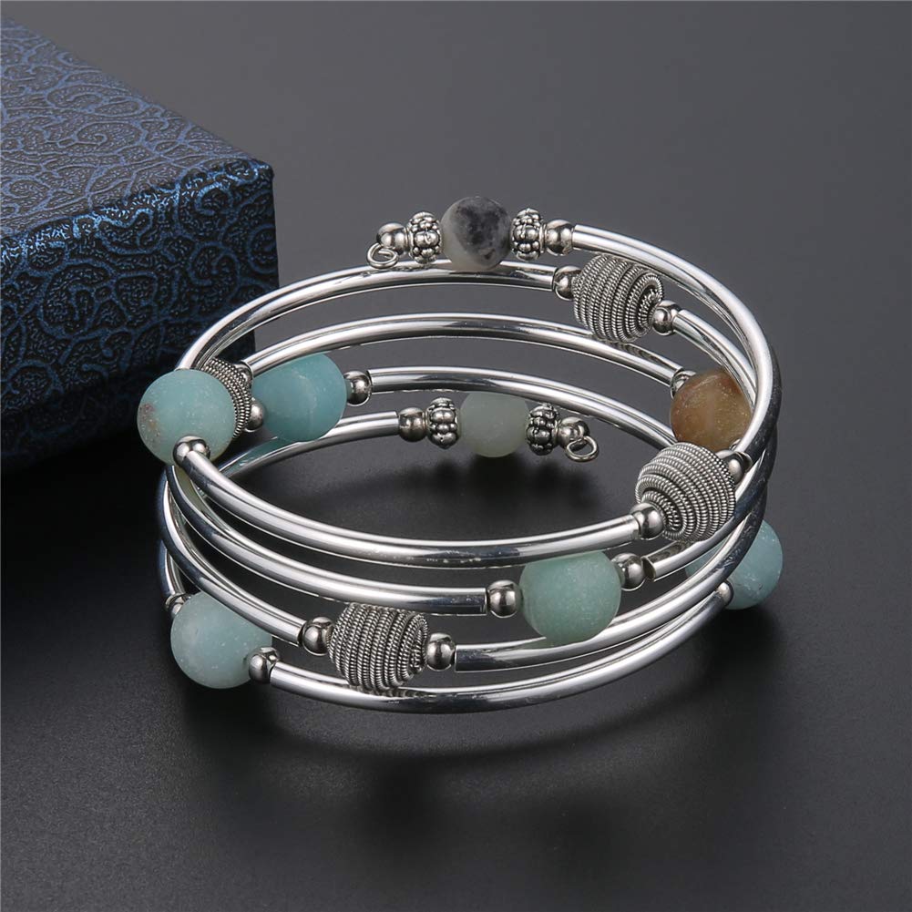 PEARL&CLUB Beaded Chakra Bangle Turquoise Bracelet - Fashion Jewelry Wrap Bracelet with Thick Silver Metal and Mala Beads, Birthday Gifts For Women(63-Agate Green)