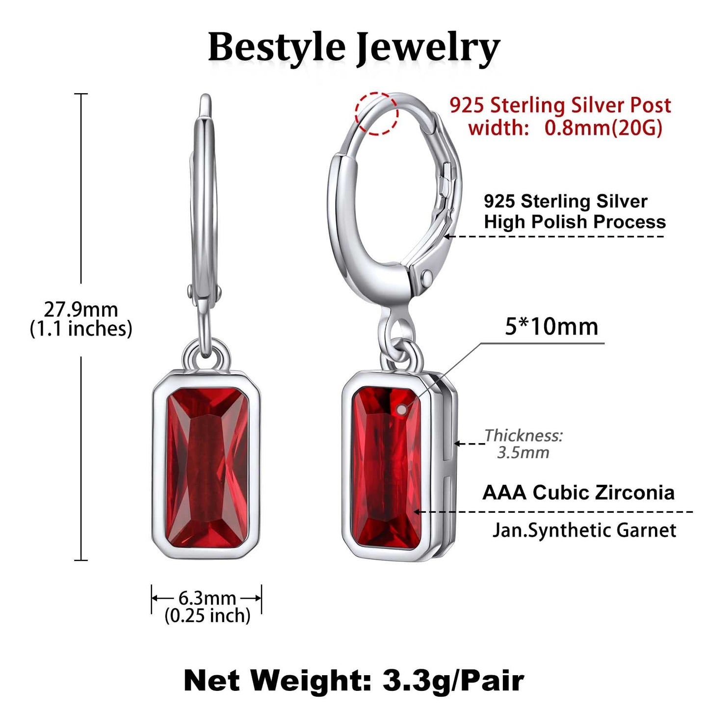 Bestyle Sterling Silver Rectangle January Birthstone Dangle Drop Earrings - Sparkle Garnet Red Earrings for Women Dangling -Small Silver Huggie Hoop Earrings For Women | Trendy CZ Huggie Earrings