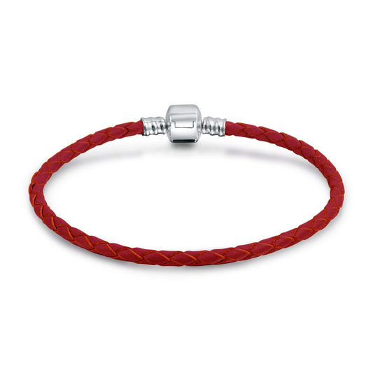 Bling Jewelry Genuine Red Braided Leather Bracelet - .925 Sterling Silver European Beads Charm Bracelet for Women