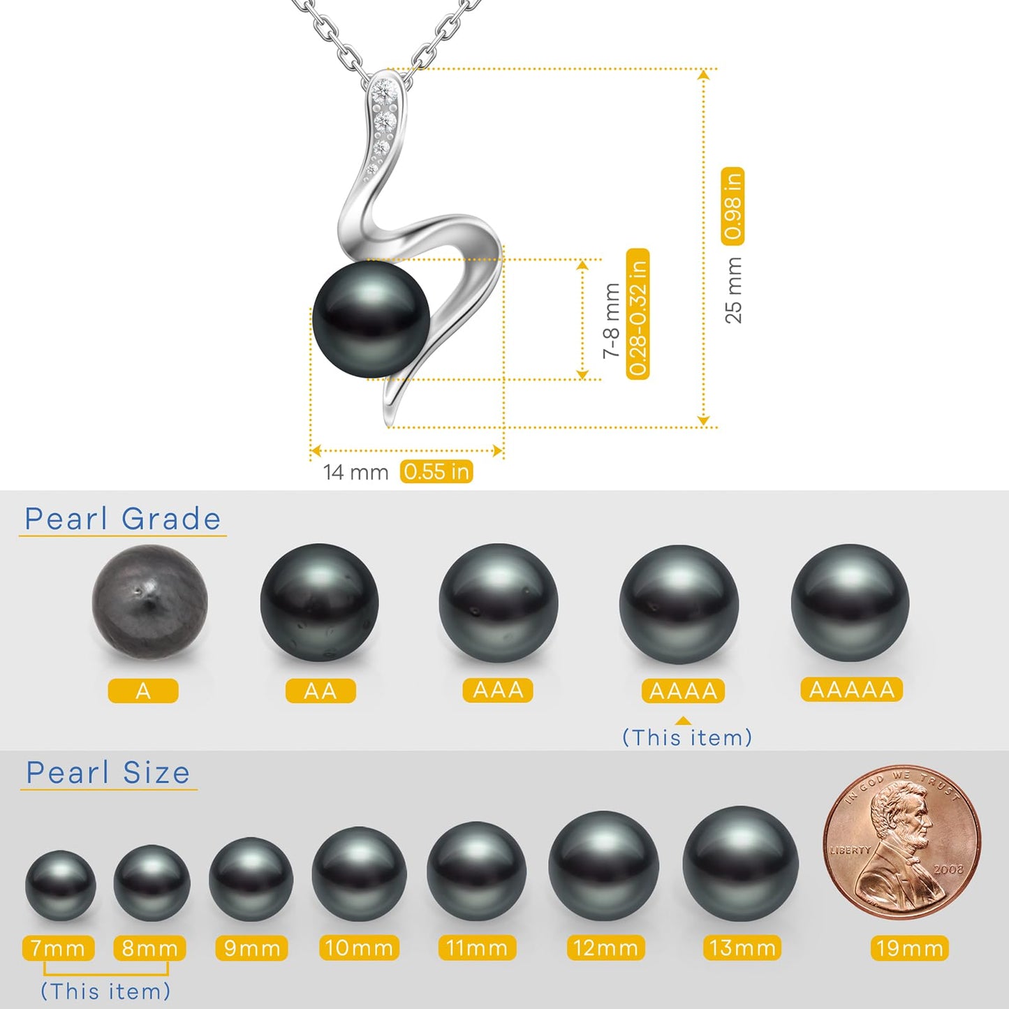 Atopearl Valentine's Day Gift for Her Tahitian Black Pearl Pendant Necklace for Women Mothers Wife, 7-8mm AAAA Round Pearls Jewelry Wedding Birthday Anniversary Christmas