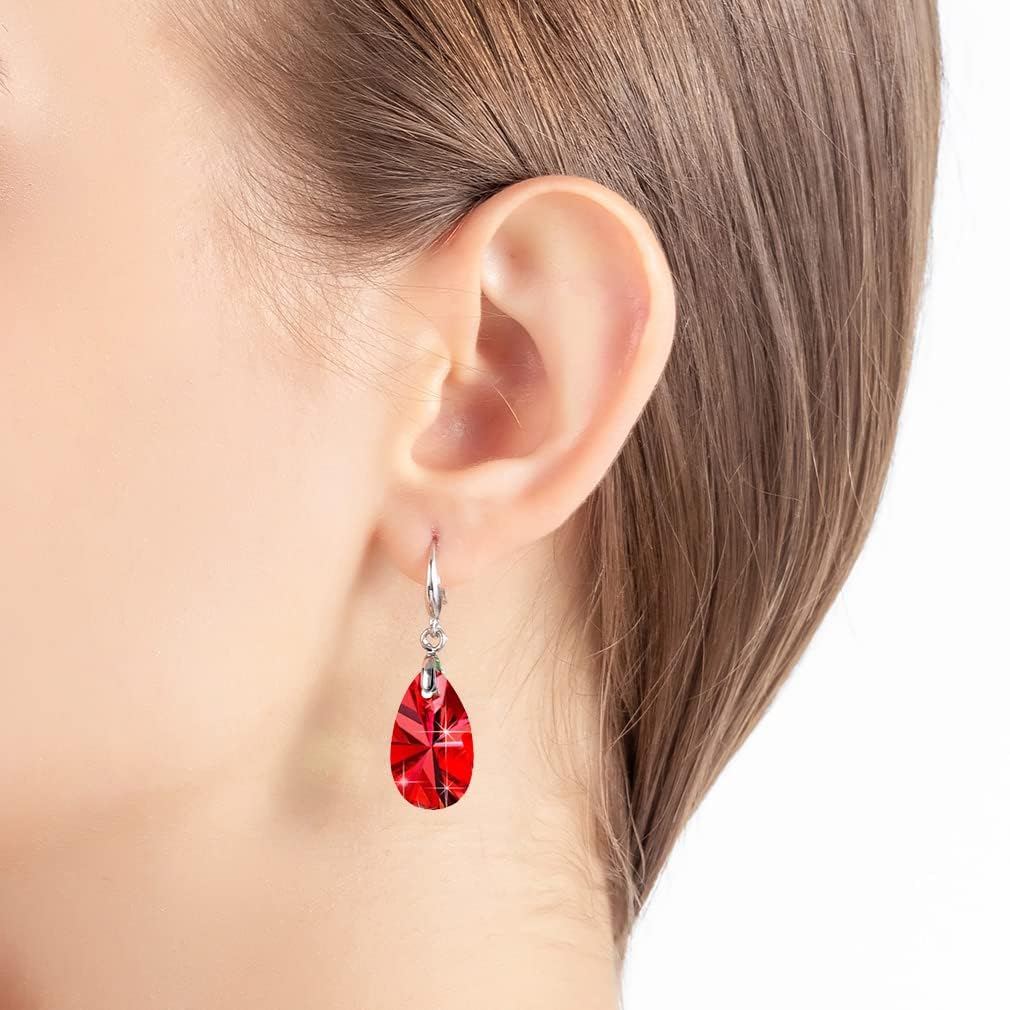 Austrian Crystal Teardrop Dangle Hook Earrings for Women 14K Gold Plated Hypoallergenic Jewelry (Red)
