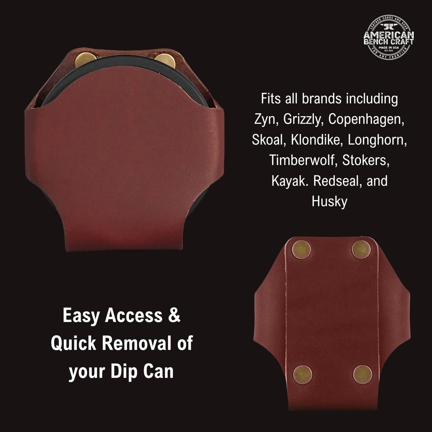 Leather Dip Can Holder (Brown) – Slip-On Holster for Tobacco, Snuff & ZYN-Size Nicotine Pouch Cans – Full Grain Leather Belt Pouch w/Solid Brass Rivets – Durable Belt Accessory for Men