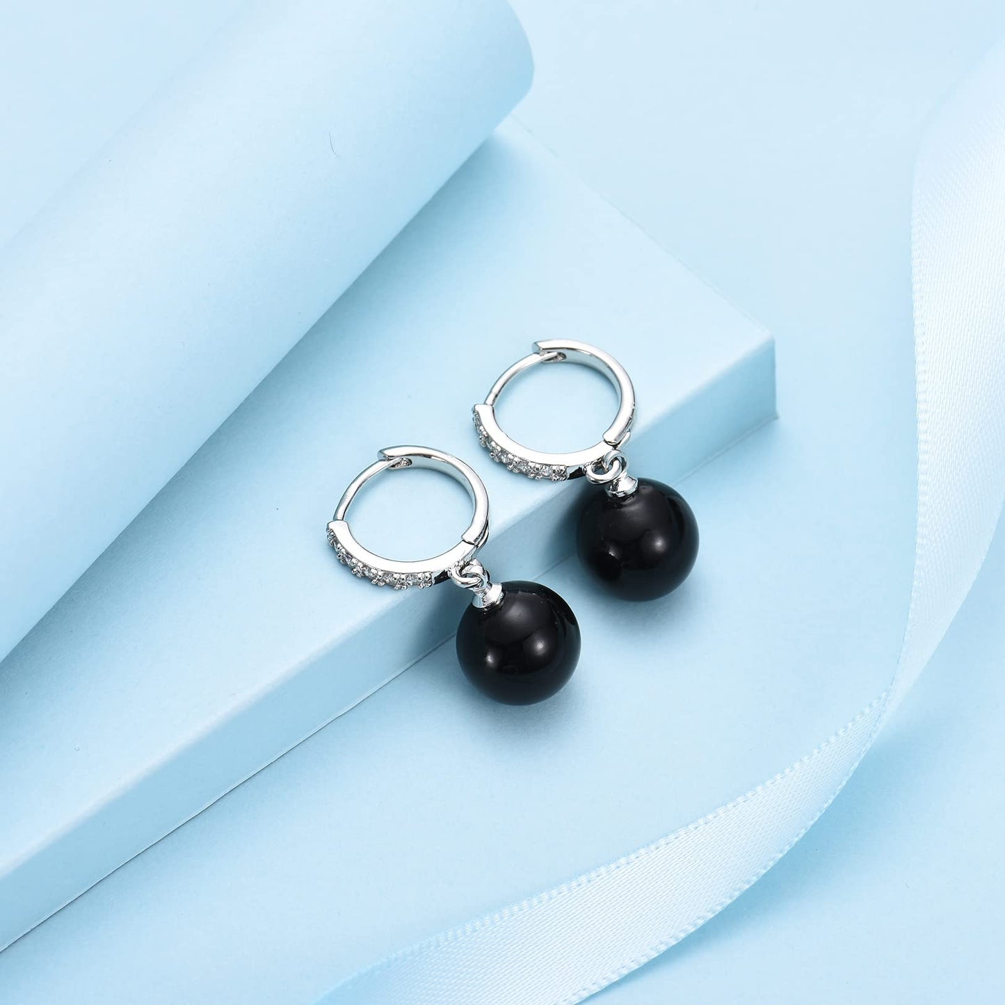 CERSLIMO Black Pearl Drop Earrings for Women | S925 Sterling Silver Post Simulated Shell Pearl Hoop Dangle Earrings, Hypoallergenic Cubic Zirconia Huggies Earrings Jewelry