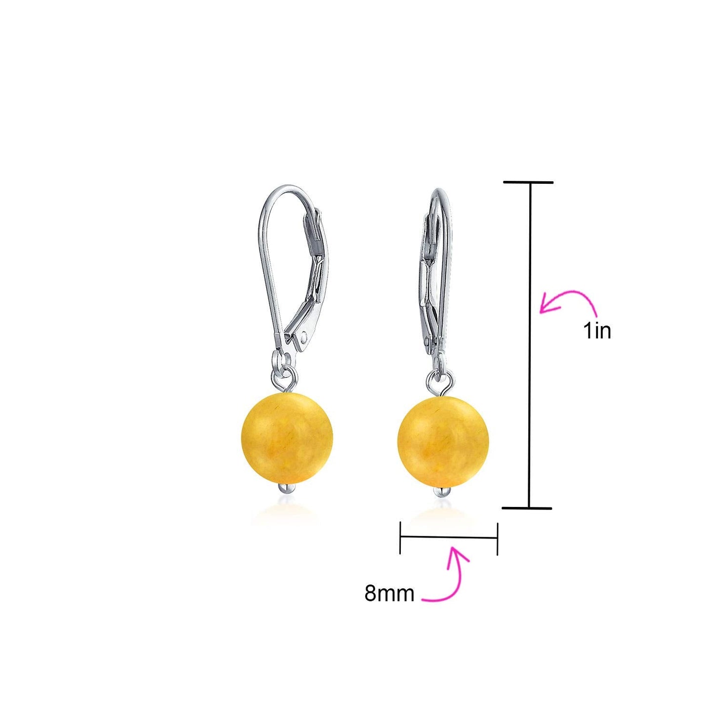 Bling Jewelry Timeless .925 Sterling Silver Yellow Jasper Bead 8mm Ball Drop Earrings Lever Back Genuine Gemstone