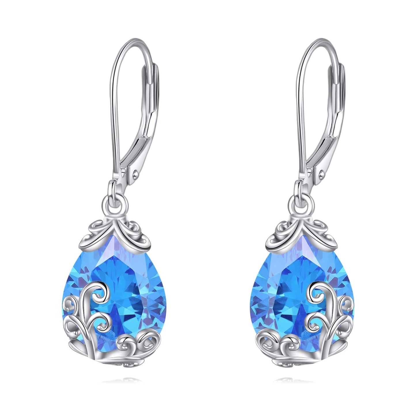 POPLYKE BirthStone Filigree Teardrop Drop Dangle Earrings Sterling Silver Leverback Earrings December Birthstone Jewelry Gifts for Women
