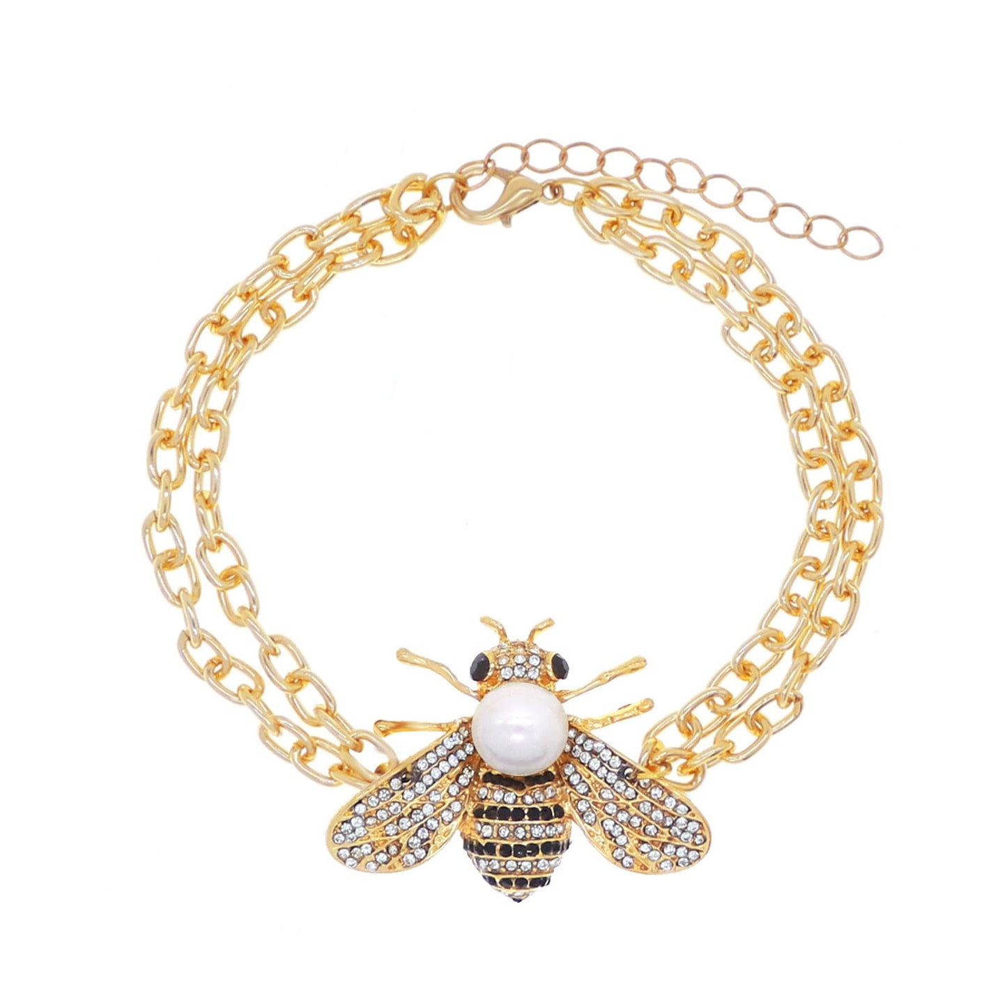 Honey Bee Turquoise Beaded Bracelet Crystal Insect Themed Bee Chain Link Bracelets Animal Fashion Shell Pearl Elastic Bracelets Gold Tone (White Pearl Chain)