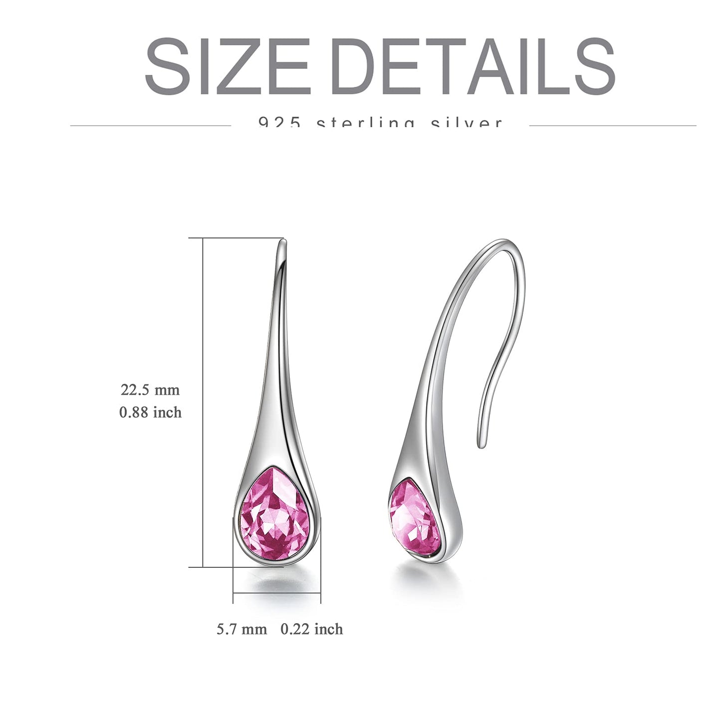 Sterling Silver Teardrop Hook Earrings with October Pink Birthstones Small Pull Through Earrings October Birthstone Jewelry Gifts for Women Wife Mom