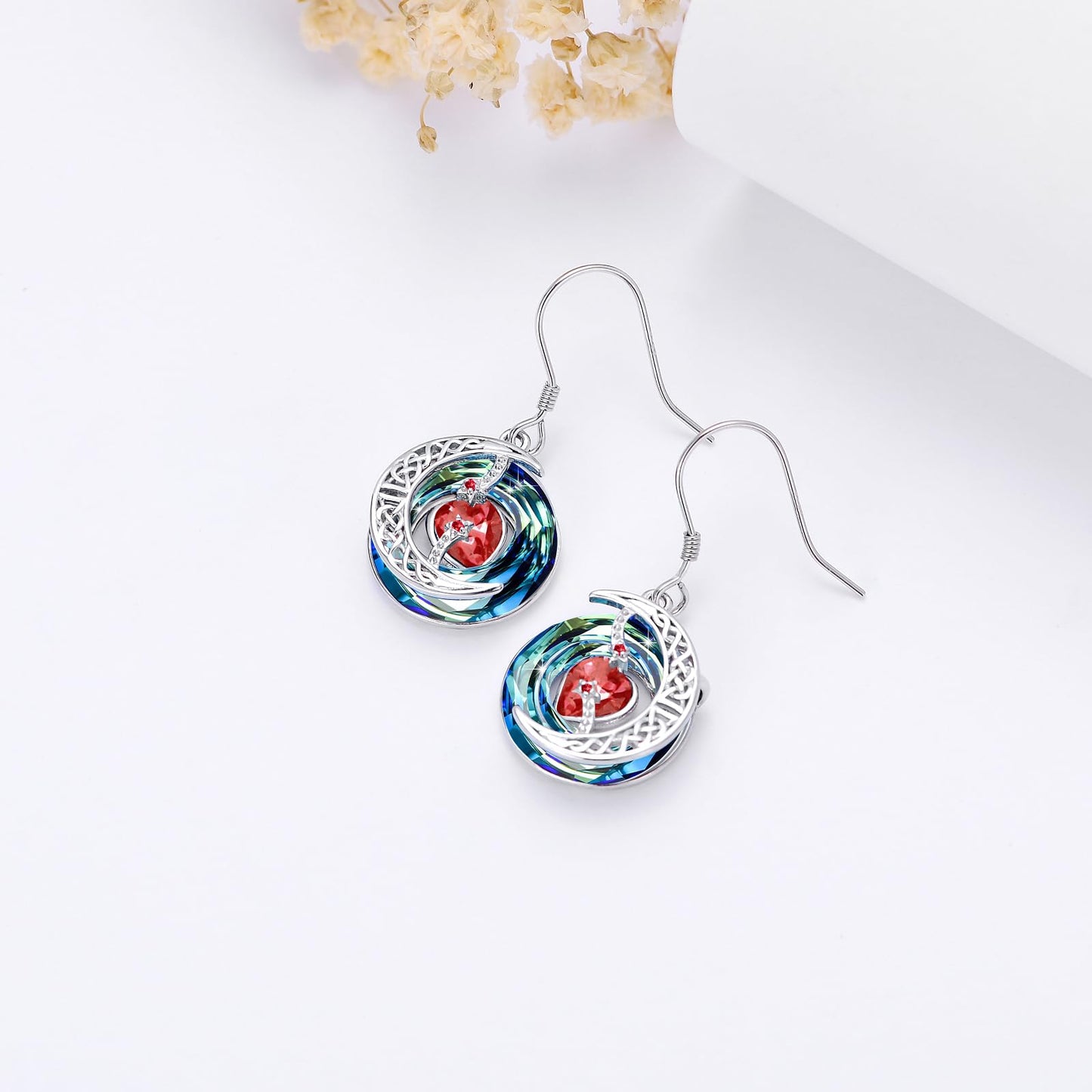 TOUPOP Garnet Earrings January Birthstone Earrings Sterling Silver Moon and Star Drop Dangle Earring Jewelry Blue Crystal Birthday Mothers Day Gifts for Women Mom Her