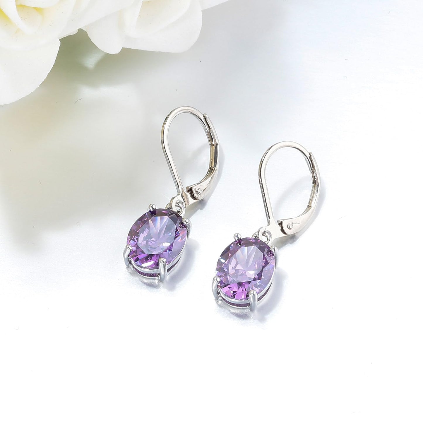 CiNily Cut-Oval Leverback Dangle Earrings for Women Purple Cubic Zircon 14k White Gold Plated Hypoallergenic Hanging Earrings Lightweight Summer Drop Earrings