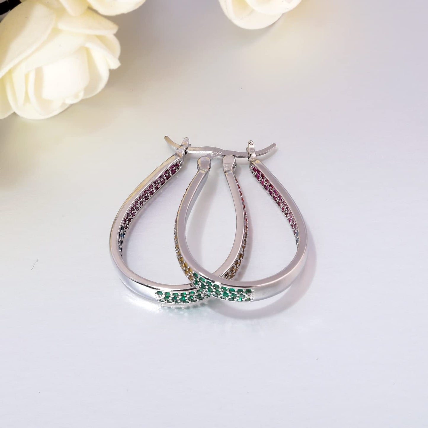CiNily 925 Sterling Silver Post Hoop Earrings for Women 14K White Gold Plated Multcolors Cubic Zirconia Hoop Earrings Gemstone Hoops Oval Chunky Earrings Jewelry