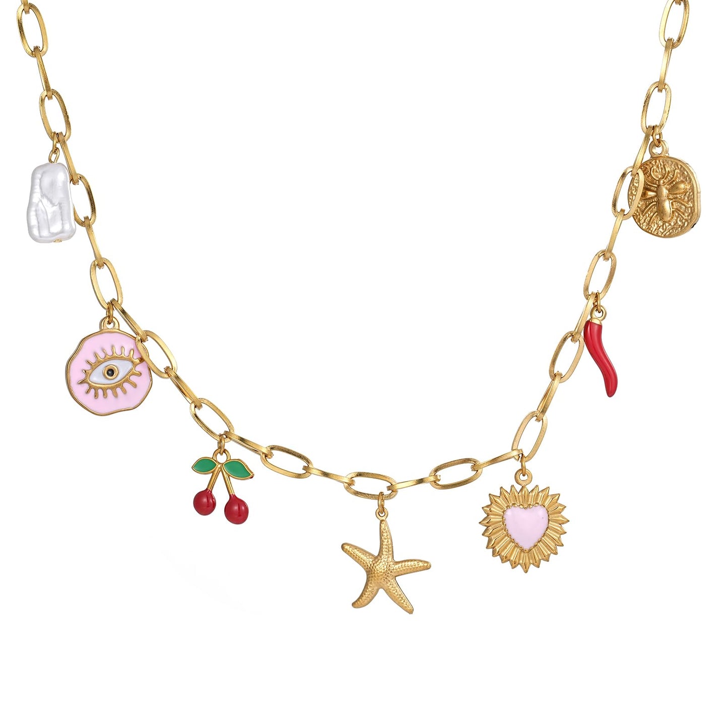 Trendy Stainless Steel Gold Plated Charm Necklace with Heart Pearl Pepper Conch Ceramic Pendant Necklace for Women Collares Chokers Jewelry (Star)