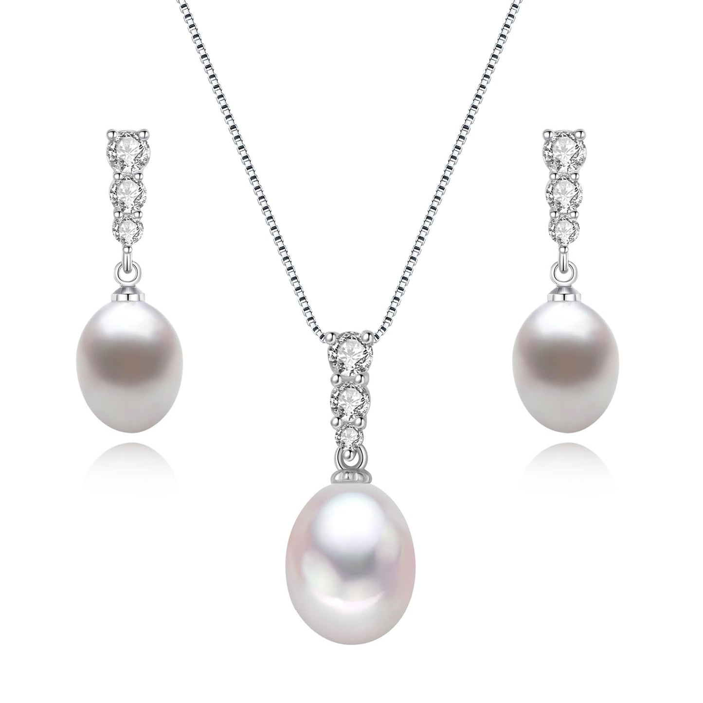 BAMIKI Pearl Necklace and Earrings Set, Freshwater Cultured Pearl Jewelry Set in 925 Sterling Silver with CZ - Elegance for Wife, Mom, Girlfriend on Anniversary, Mother's Day, or Birthday