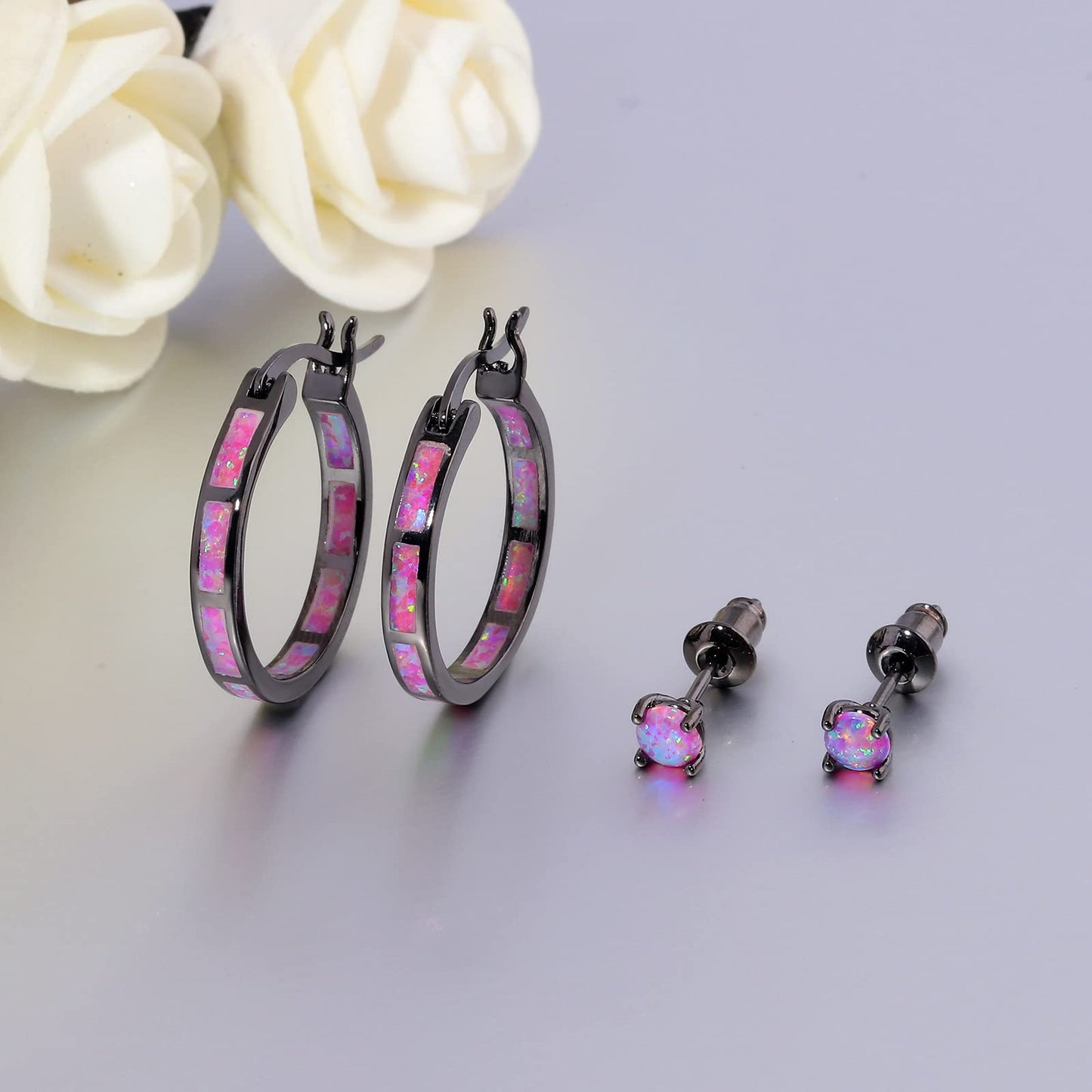 CiNily 2 Pairs Hoop Earrings Set Hypoallergenic Tiny Black Purple Opal Stud Earrings 14K Black Gold Plated Hoop Earrings for Women Men Jewelry