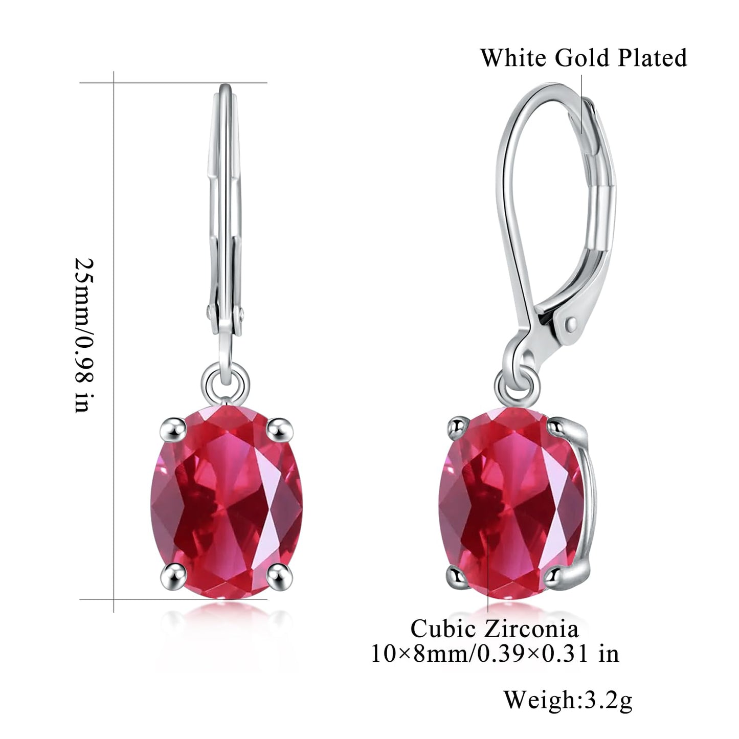 CiNily Cut-Oval Leverback Dangle Earrings for Women Red Cubic Zircon 14k White Gold Plated Hypoallergenic Hanging Earrings Lightweight Summer Drop Earrings