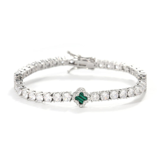 LuxeFlex 4mm Iced Out Clover Tennis Bracelet, White Gold Plated with 5A Zircon Stones, Handmade exquisite Hip Hop Jewelry, Perfect Unisex Gift (White Gold-Green,7)