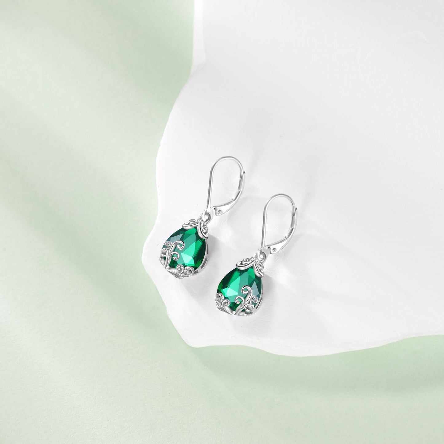 POPLYKE BirthStone Filigree Teardrop Drop Dangle Earrings Sterling Silver Emerald Leverback Earrings May Birthstone Jewelry Gifts for Women