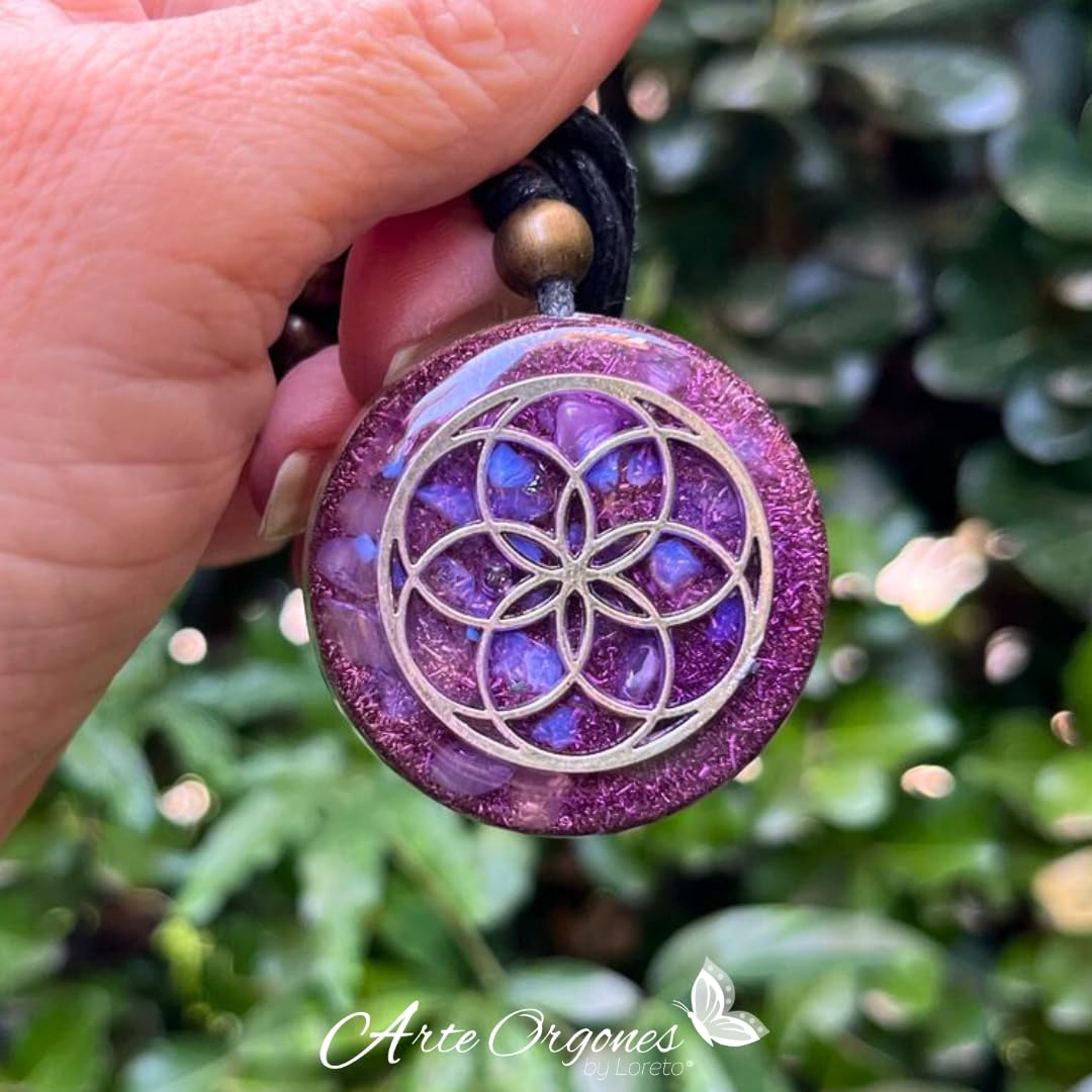 ARTE ORGONES & Design Orgone Necklace Seed of Life Healing Crystals Protection SBB Coil Copper Stone, Orgonite Pendant Amethyst Moonstone Rose Quartz, Yoga, Reiki, Handmade, Amulet