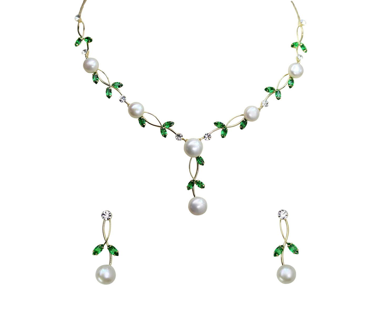 Faship Gorgeous CZ Crystal Genuine Freshwater Pearls Floral Necklace Earrings Set - Green/Gold Plated