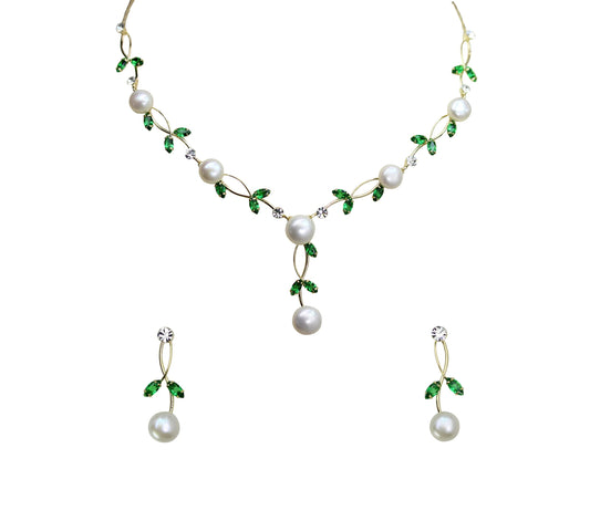 Faship Gorgeous CZ Crystal Genuine Freshwater Pearls Floral Necklace Earrings Set - Green/Gold Plated
