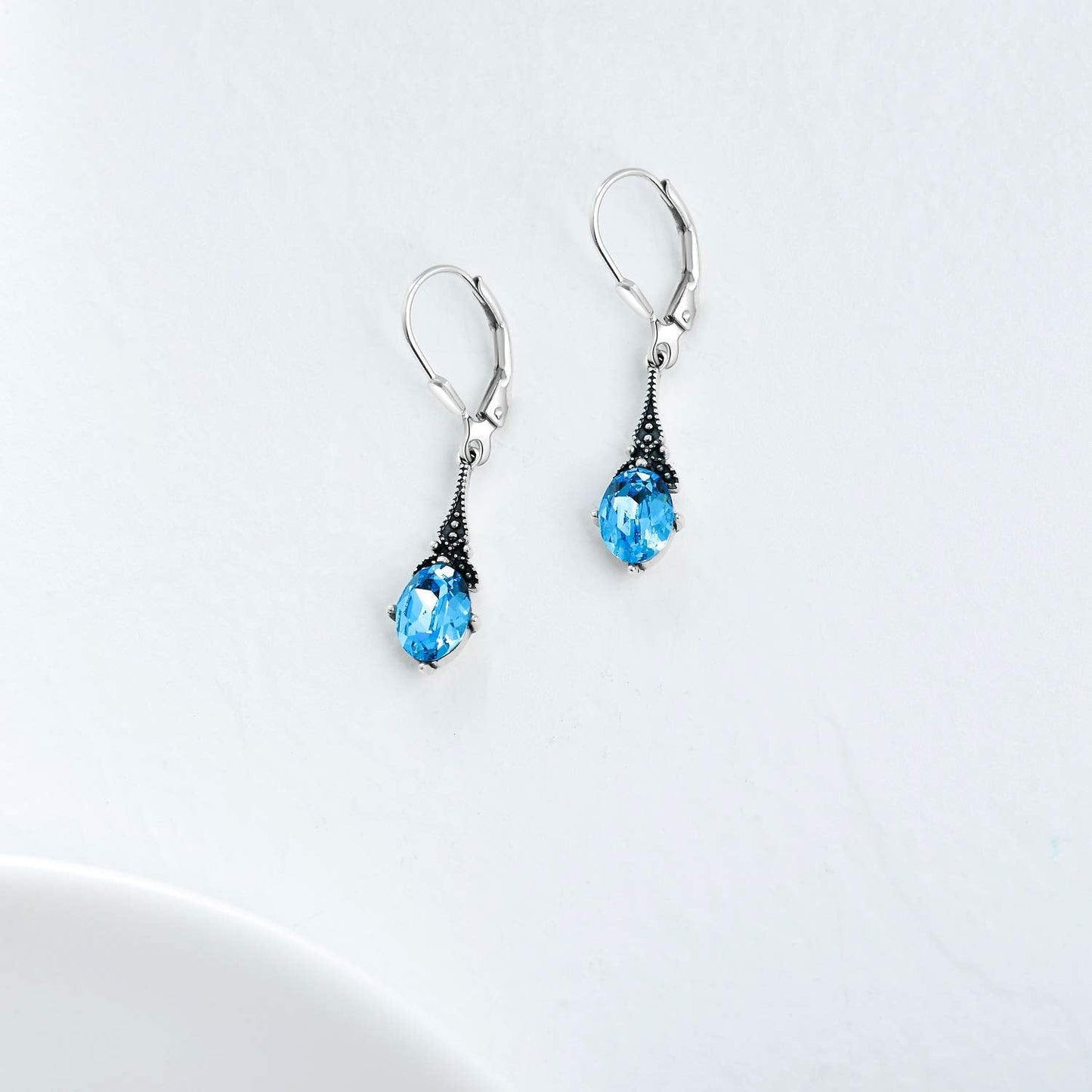 Leverback Drop Earrings Sterling Silver Retro Vintage Earrings with Oval Simulated Aquamarine, Crystal from Austria, Birthstone Earrings Gifts for Women