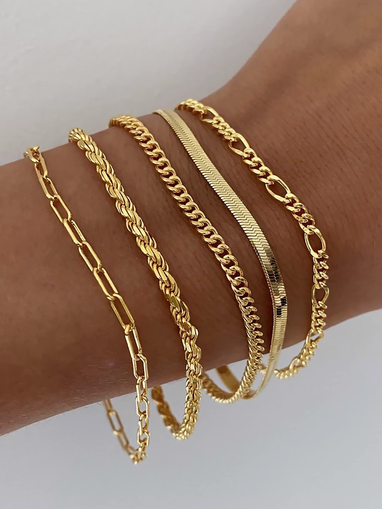 DEARMAY 14K Gold Plated Bracelets for Women Trendy Gold Jewelry Set for Women Cuban Link Chain Figaro Paperclip Rope Herringbone Bracelet Pack Gifts