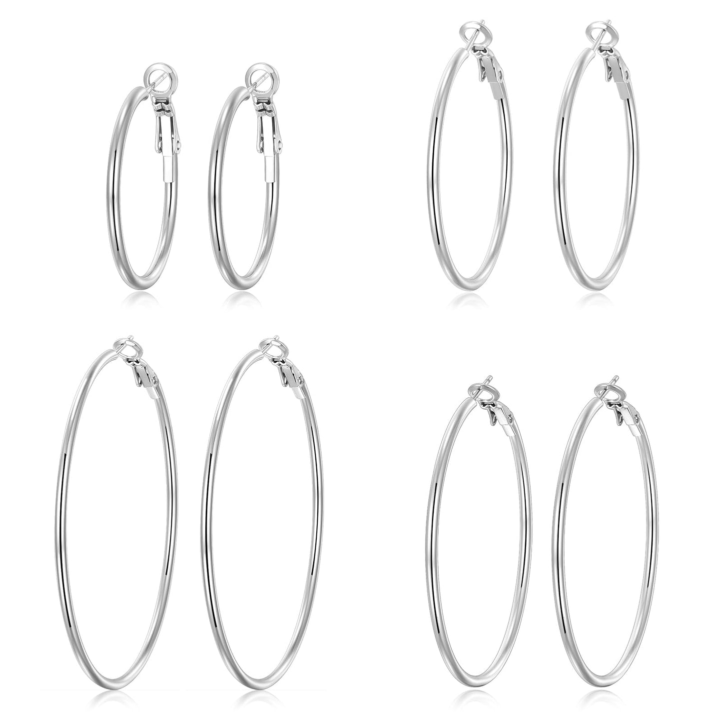 PICKBEAU 4 Pairs Silver Hoop Earrings for Women 14K White Gold Plated Lightweight Big Hoops Earring Set Hypoallergenic Trendy Jewelry Gift