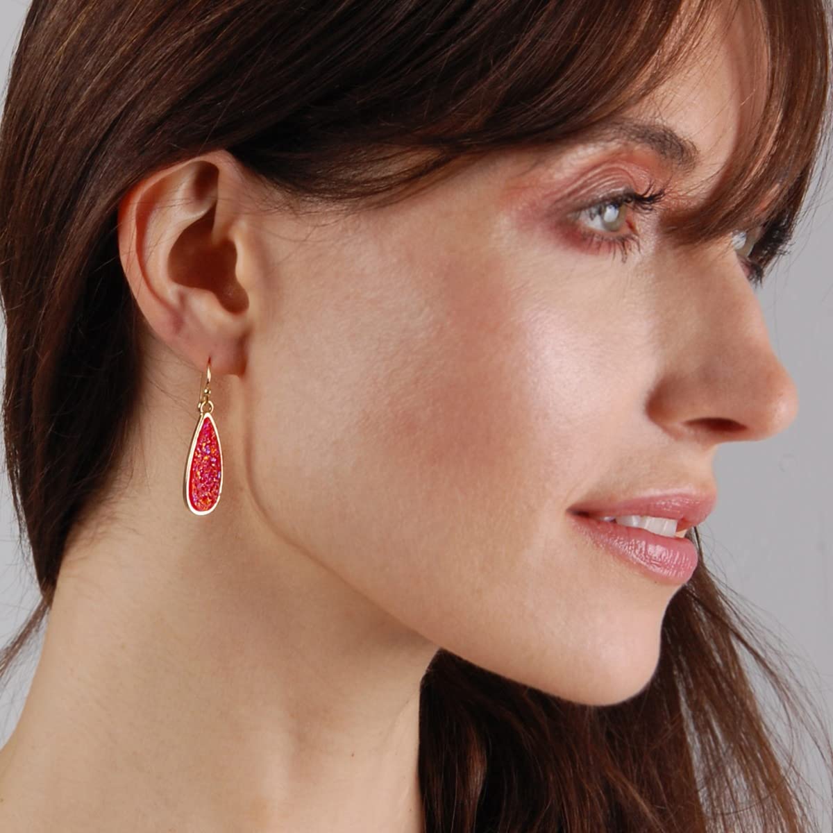 Simulated Druzy Drop Dangles - Sparkly Long Teardrop Dangly Earrings for Women, Gold Tone - Hot Pink Stone